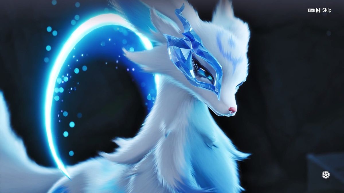 Lunara, a white fox-like Aniimo with a crystal mask